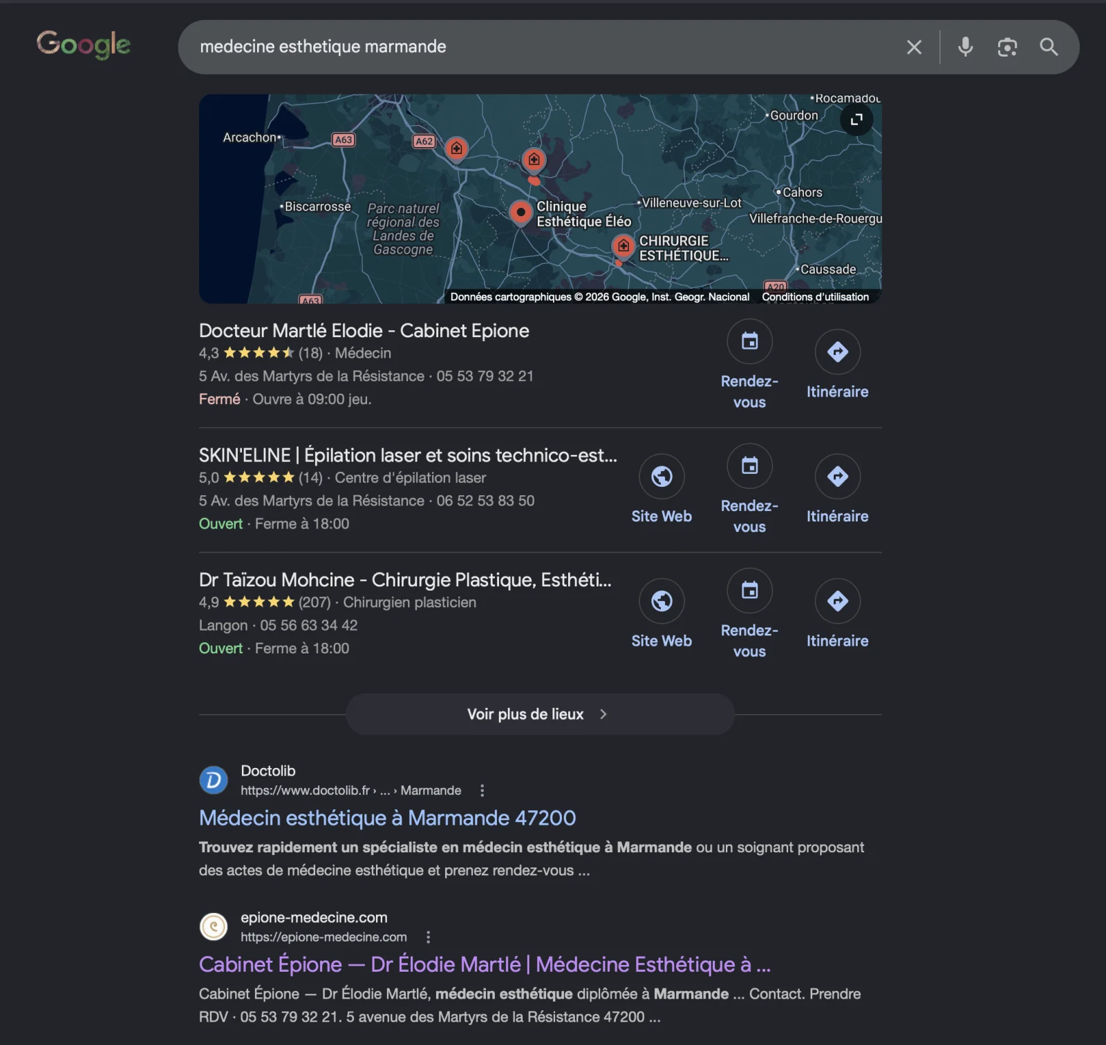 Screenshot Google — Cabinet Épione #1 du local pack pour 'medecine esthetique marmande' (avril 2026)