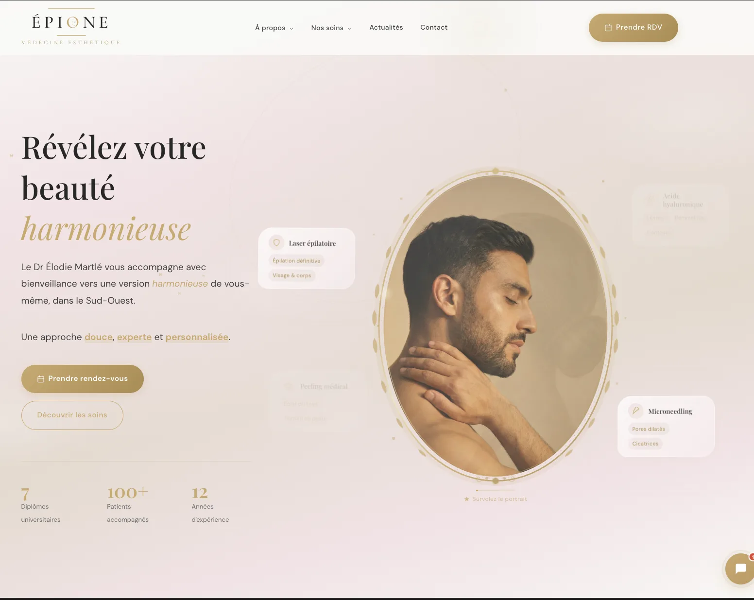 Homepage du Cabinet Épione — design premium rose-gold avec le Dr Élodie Martlé