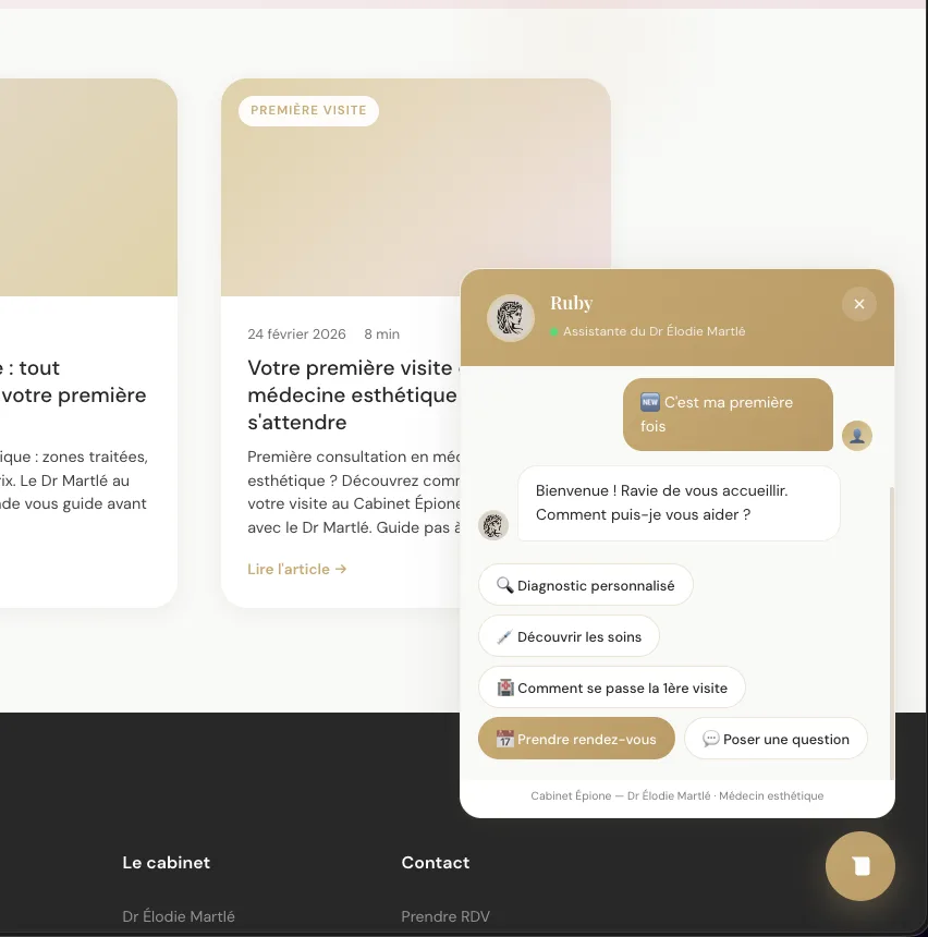 Ruby, l'assistante IA du Cabinet Épione — diagnostic personnalisé et prise de RDV
