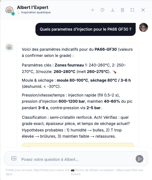 Albert l'Expert — agent IA répondant aux questions techniques d'injection plastique en langage naturel