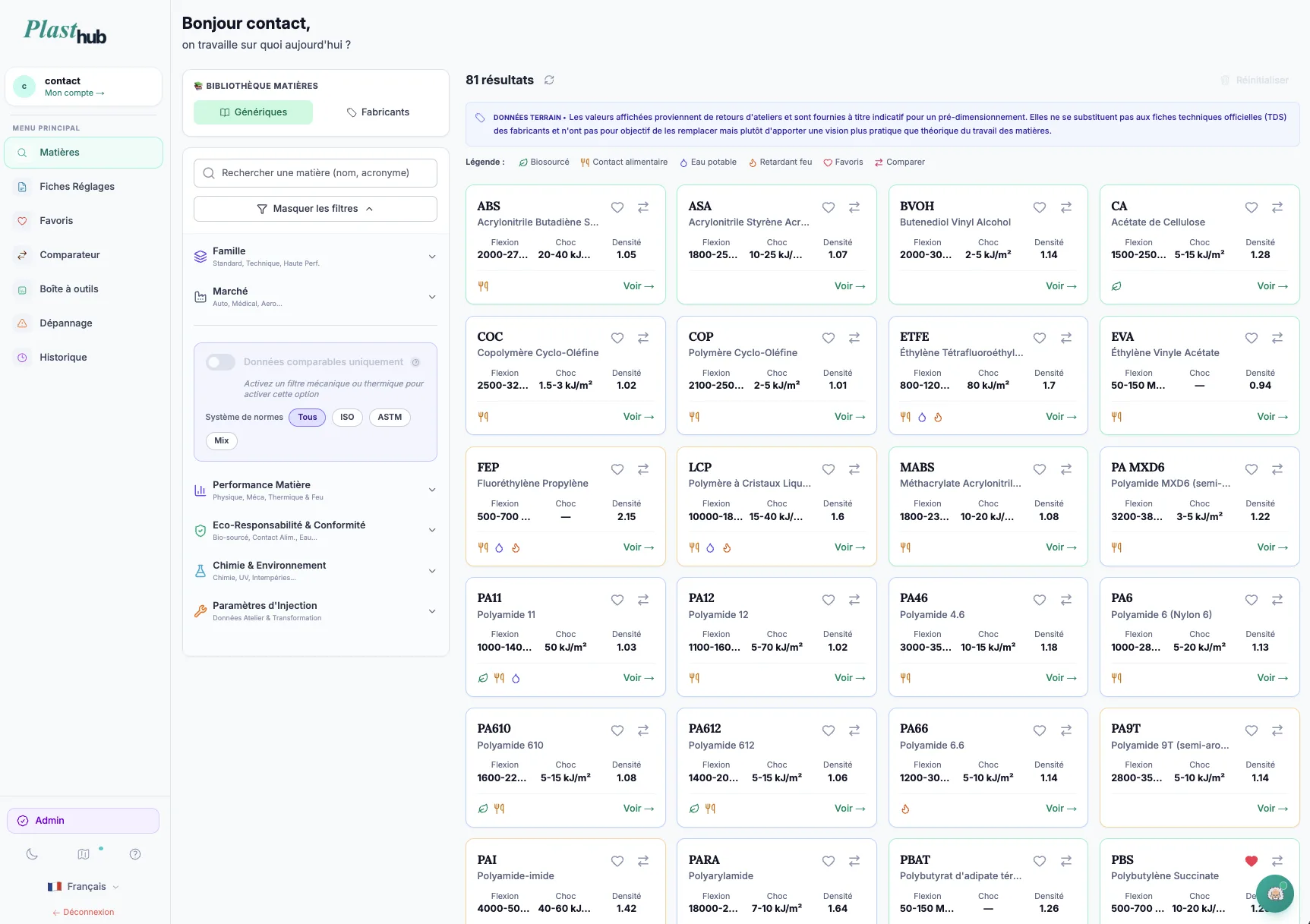 Dashboard PlastHub — base de données matériaux avec filtres avancés et 61 résultats affichés