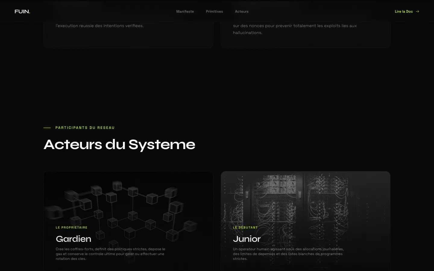 Acteurs du Système Fuin — rôles Gardien et Junior avec visuels blockchain