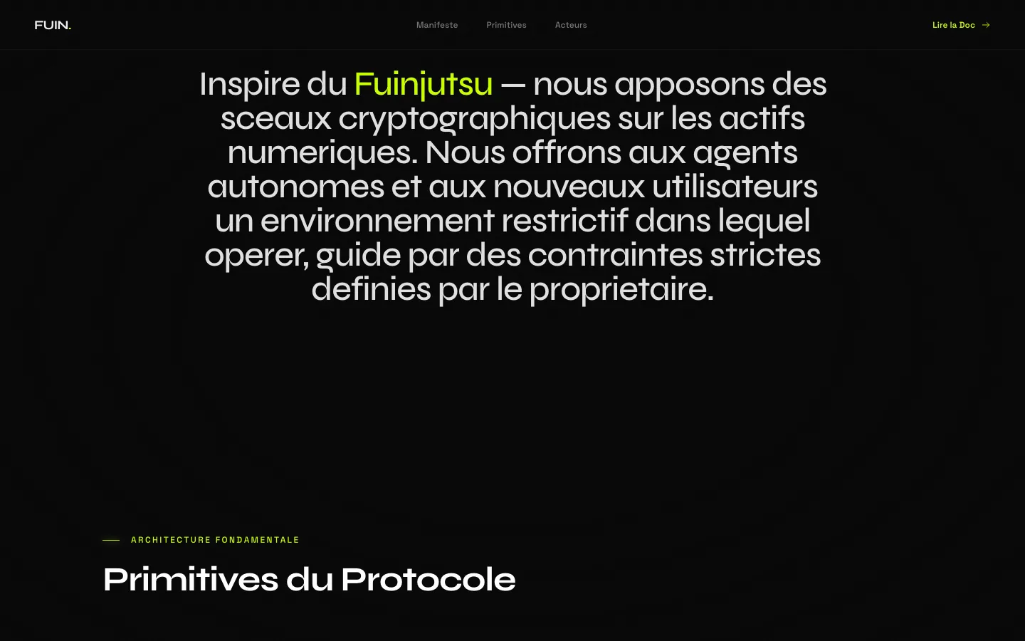 Section Manifesto et Primitives du Protocole Fuin — architecture fondamentale avec accents néon vert