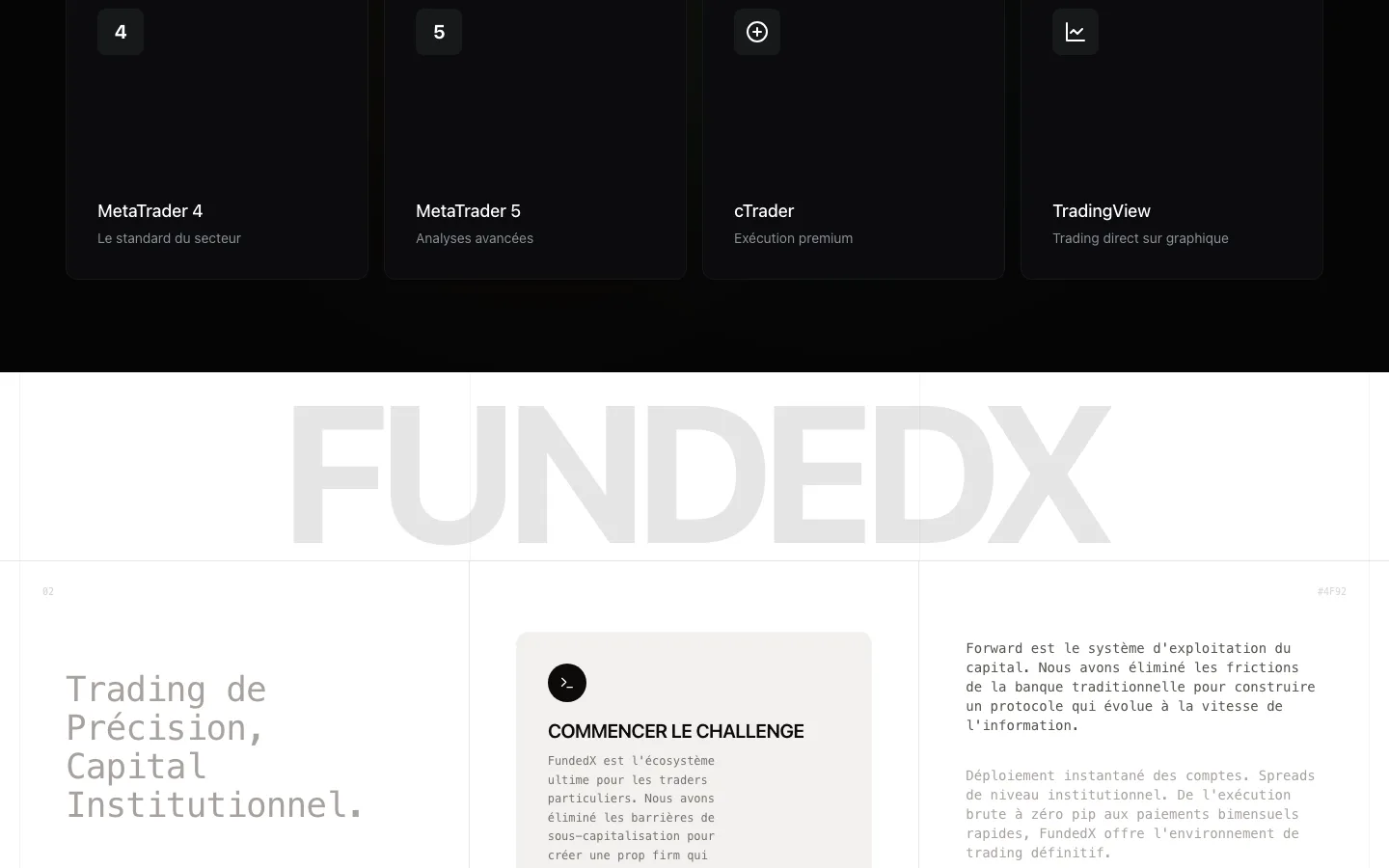 Écosystème FundedX — plateformes MetaTrader, cTrader, TradingView et section Trading de Précision