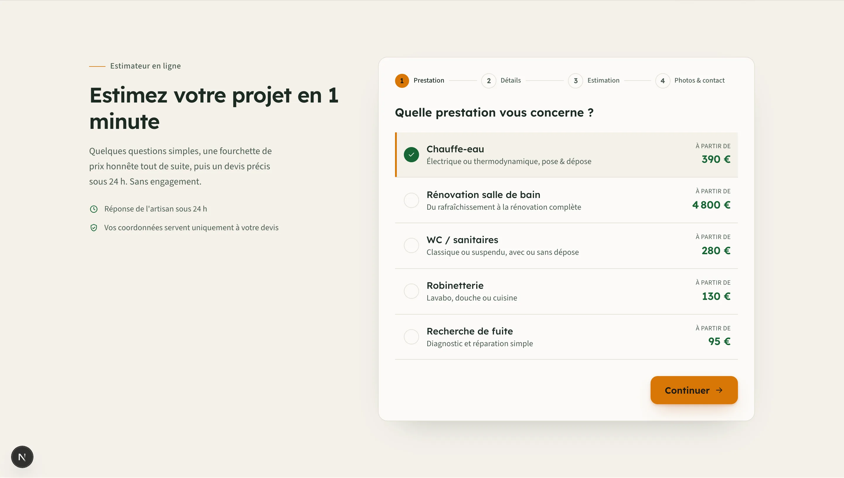 Estimateur de devis en ligne de la démo Moreau Plomberie par KBO Gestion — choix de prestation et prix à partir de