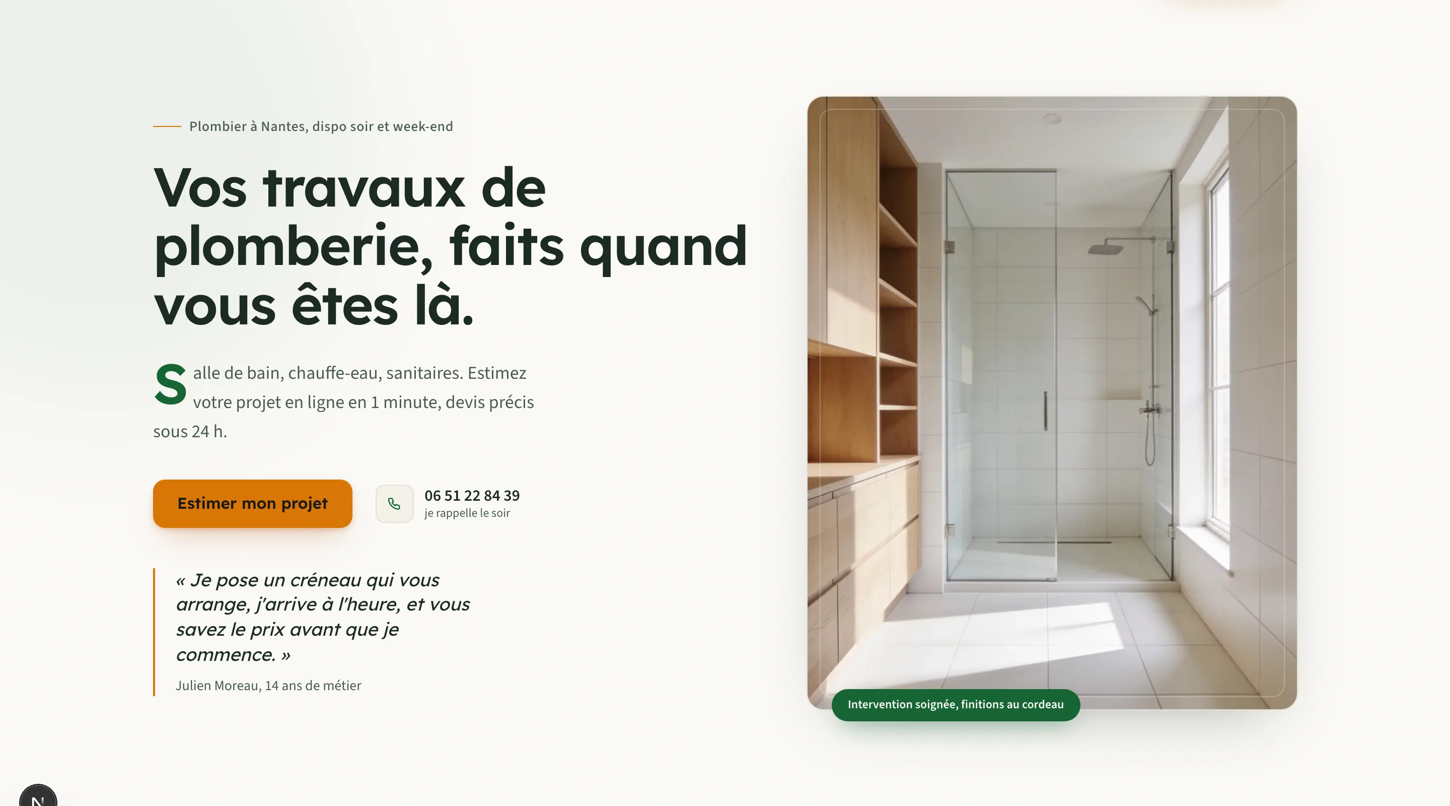 Hero de la landing démo Moreau Plomberie créée par KBO Gestion — direction éditoriale, photo de salle de bain rénovée