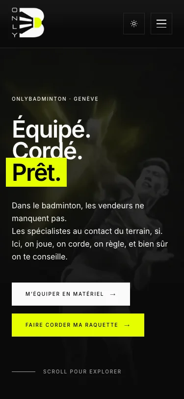 OnlyBadminton (KAM Sport Sàrl, Genève) — aperçu du projet — mobile