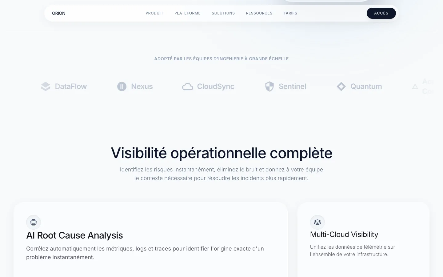 Section fonctionnalités Orion — AI Root Cause Analysis et Multi-Cloud Visibility avec graphiques