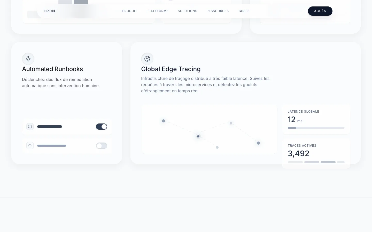 Dashboard Orion — Automated Runbooks, Global Edge Tracing, latence 12ms et 3492 traces actives