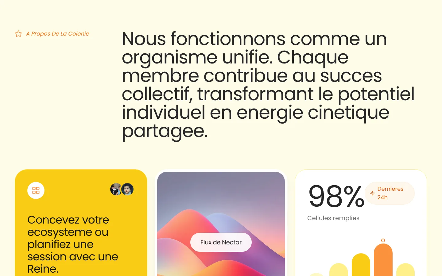 Grille Bento The Hive — cartes interactives avec Essaim actif, Flux de Nectar et statistiques 98% cellules remplies
