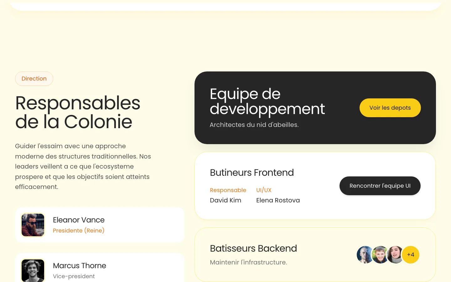 Section équipe The Hive — Responsables de la Colonie, équipes Frontend et Backend