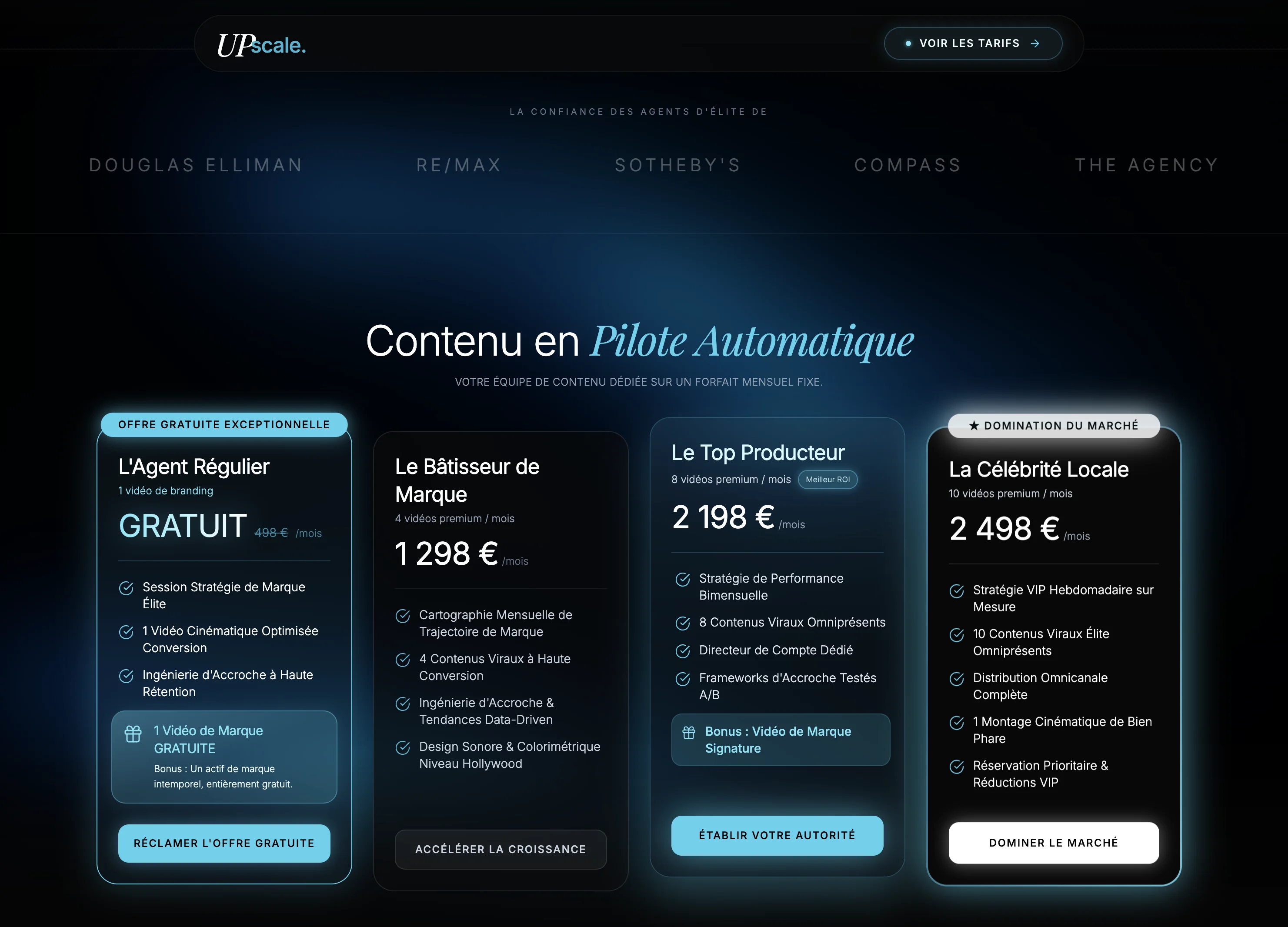 Grille tarifaire UPscale — 4 forfaits mensuels avec design glassmorphism et logos partenaires Douglas Elliman, RE/MAX, Sotheby's