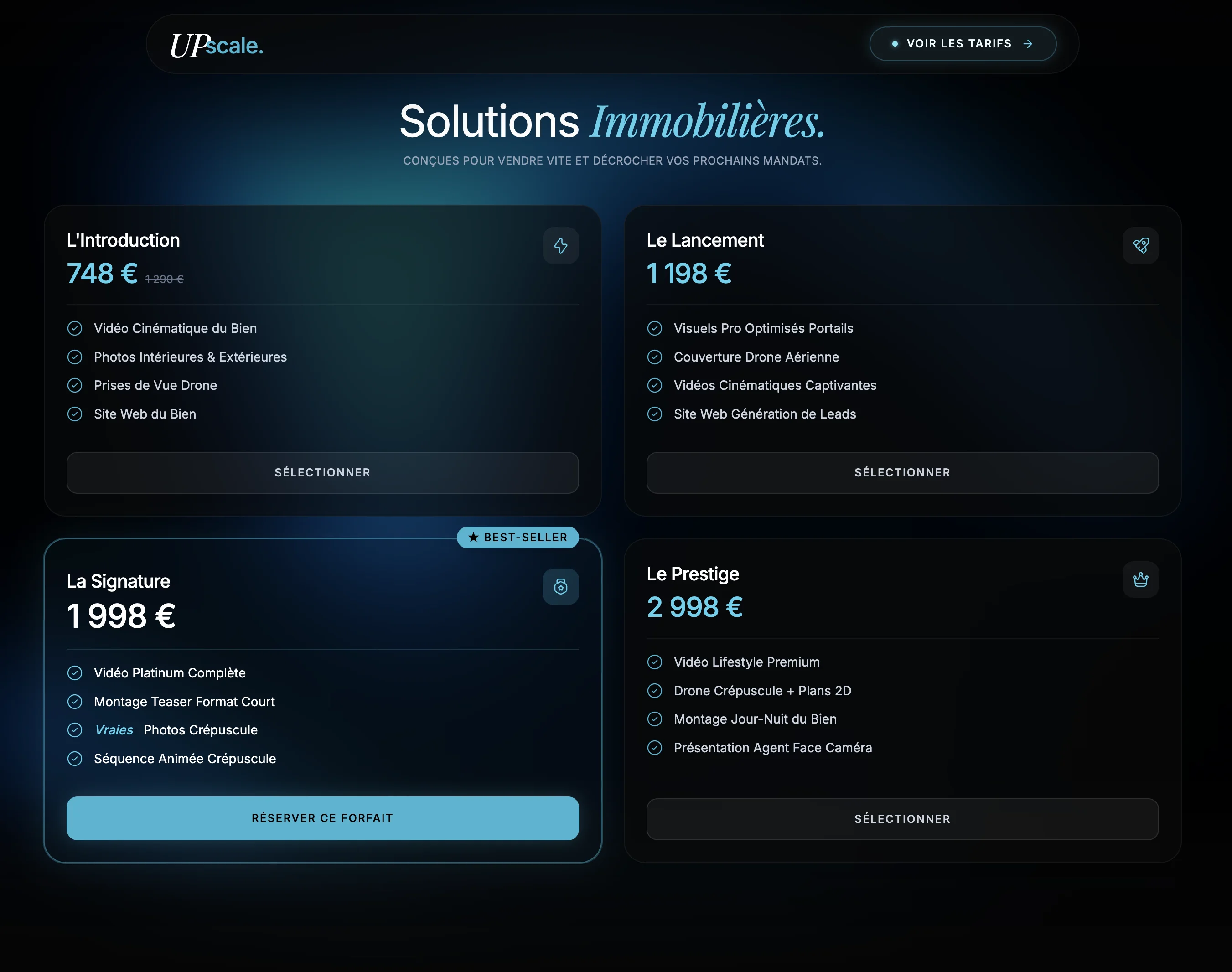 Solutions immobilières UPscale — 4 packs listing de L'Introduction à Le Prestige avec badge best-seller