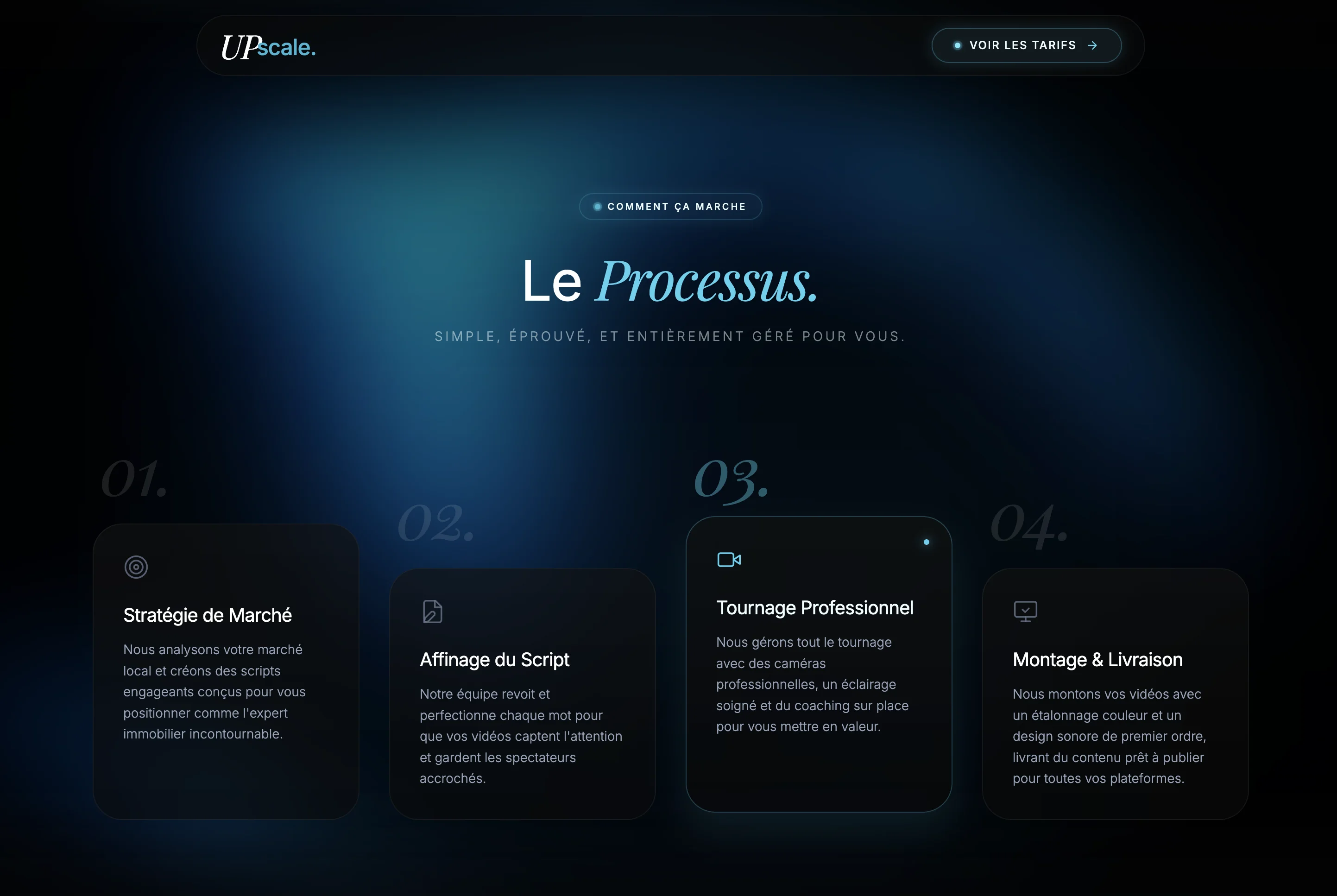 Section processus UPscale — 4 étapes Stratégie de Marché, Affinage du Script, Tournage Professionnel, Montage & Livraison