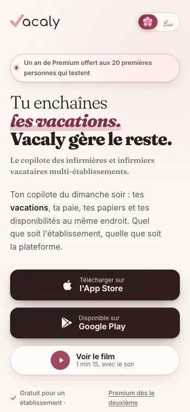 Vacaly (produit KBO Gestion) — aperçu du projet — mobile