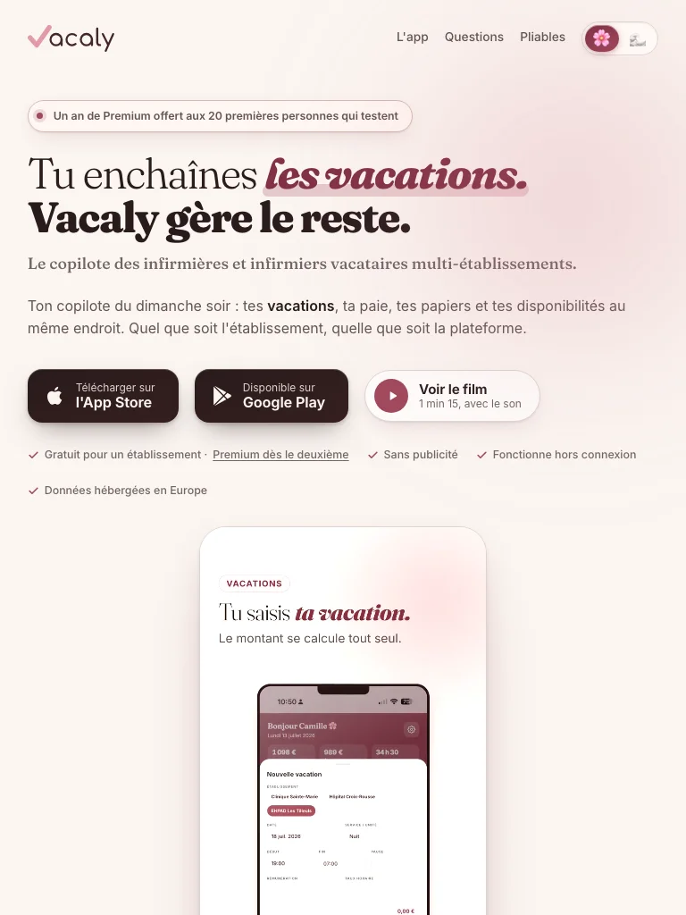 Vacaly (produit KBO Gestion) — aperçu du projet — tablette