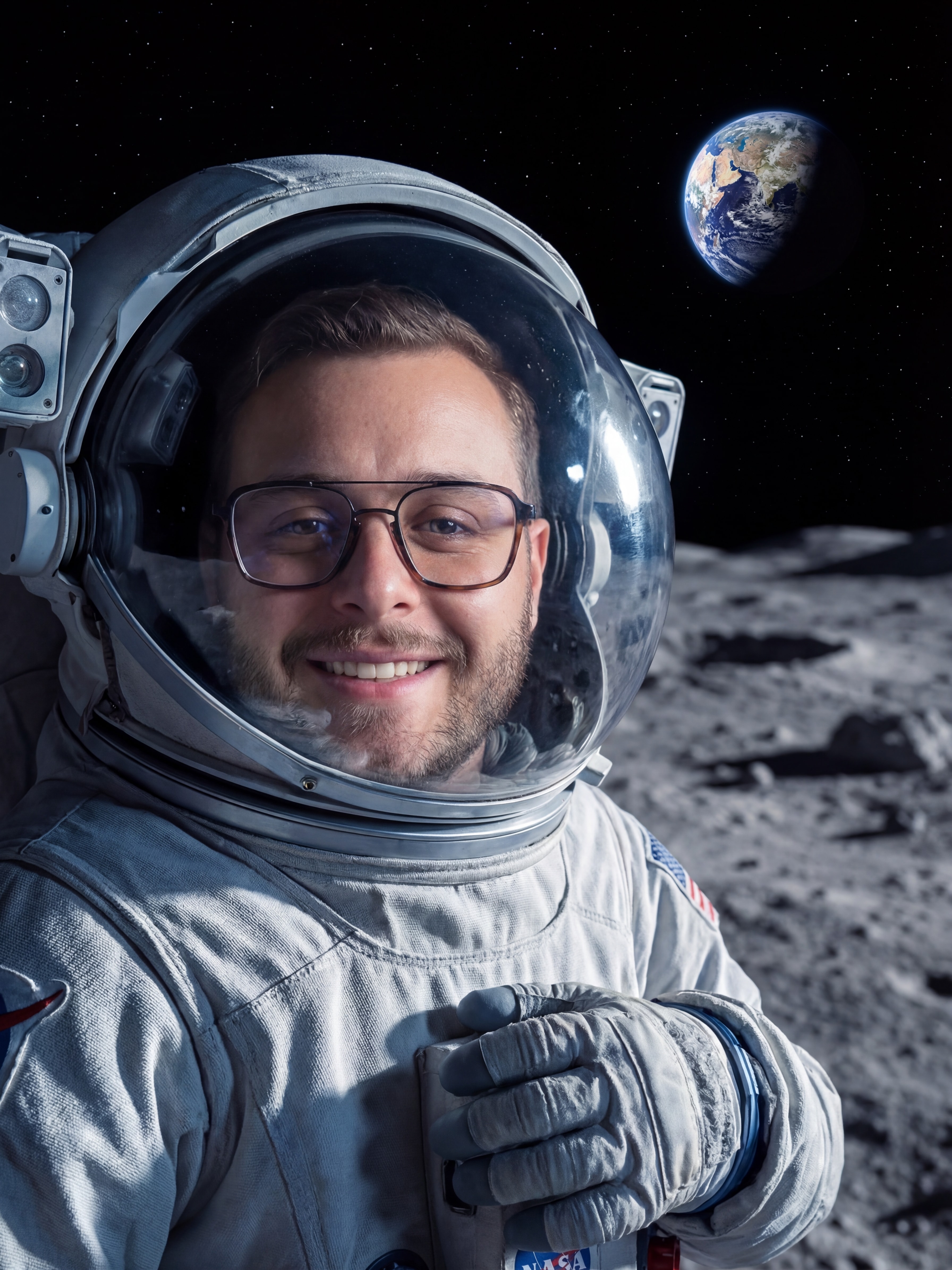 Kevin Bouldron en combinaison d'astronaute sur la Lune — fondateur de KBO Gestion, consultant stratégie digitale et IA